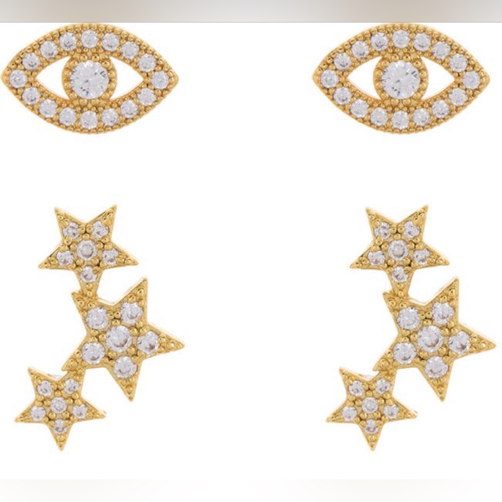 Adornia 14K Gold Plated Pave
Swarovski Crystal Evil
Eye, Star Stud Earrings Set
